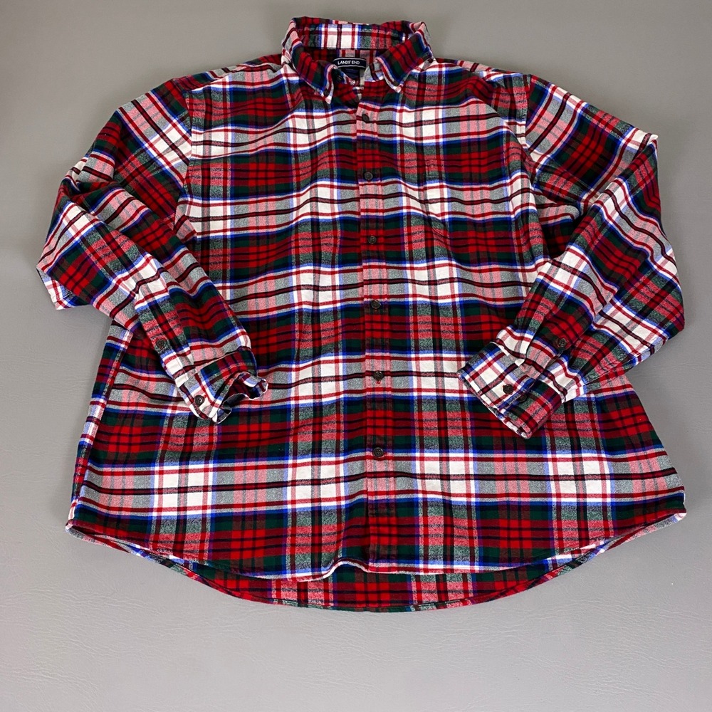 Lands End Flannel Shirt Mens Size XXL Red Plaid Traditional Fit Heavy Cotton EUC